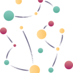 constellations composées de cercles couleur turquoise, jaune ou magenta, reliés par des traits style gravure couleur bleu foncé