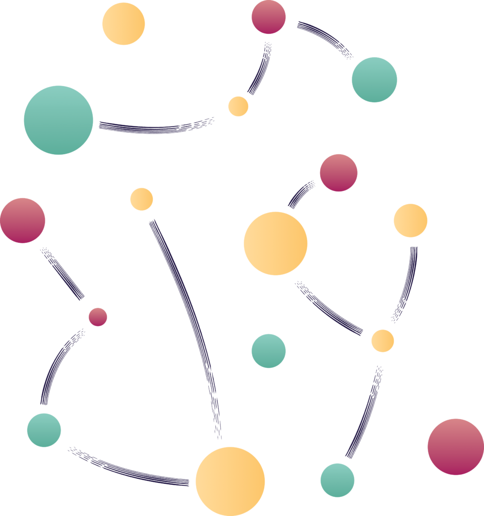 constellations composées de cercles couleur turquoise, jaune ou magenta, reliés par des traits style gravure couleur bleu foncé